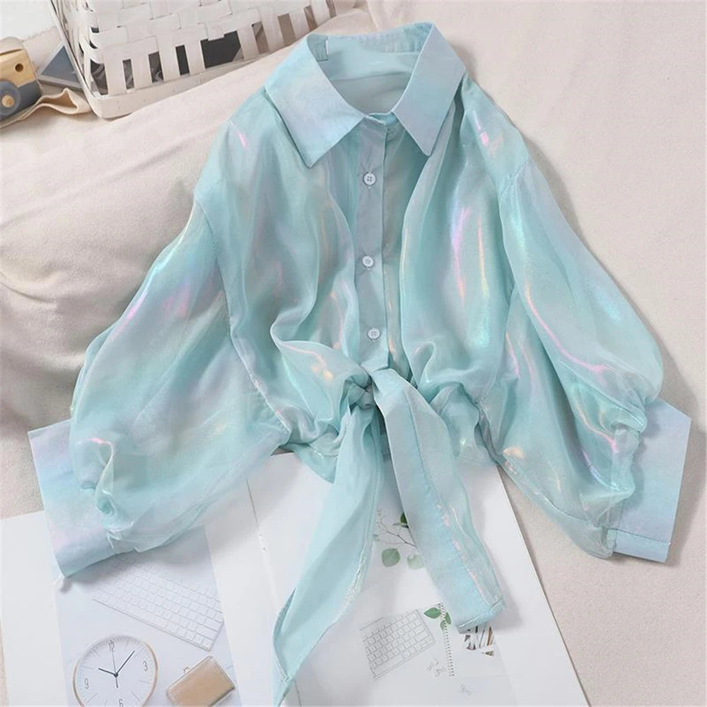 Chiffon Long Sleeve Elegant Bright Casual Transparent Button Up Shirts Mssza