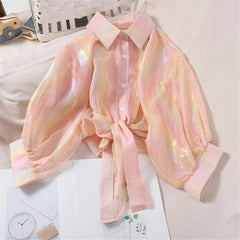Chiffon Long Sleeve Elegant Bright Casual Transparent Button Up Shirts Mssza