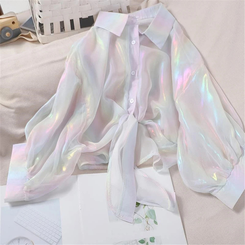 Chiffon Long Sleeve Elegant Bright Casual Transparent Button Up Shirts Mssza