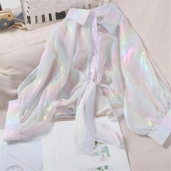Chiffon Long Sleeve Elegant Bright Casual Transparent Button Up Shirts Mssza