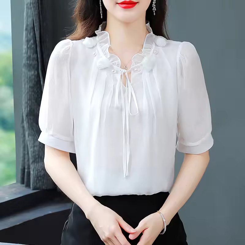 Chiffon Petal Collar Half Sleeve Bow tie Loose Casual Shirt Mssza