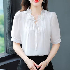 Chiffon Petal Collar Half Sleeve Bow tie Loose Casual Shirt Mssza