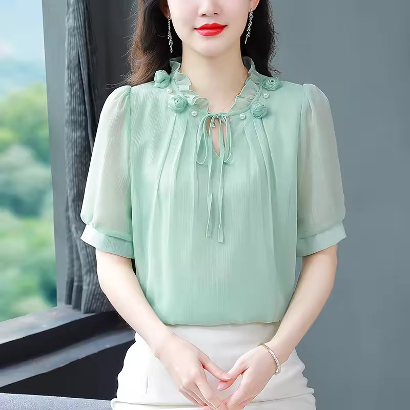 Chiffon Petal Collar Half Sleeve Bow tie Loose Casual Shirt Mssza