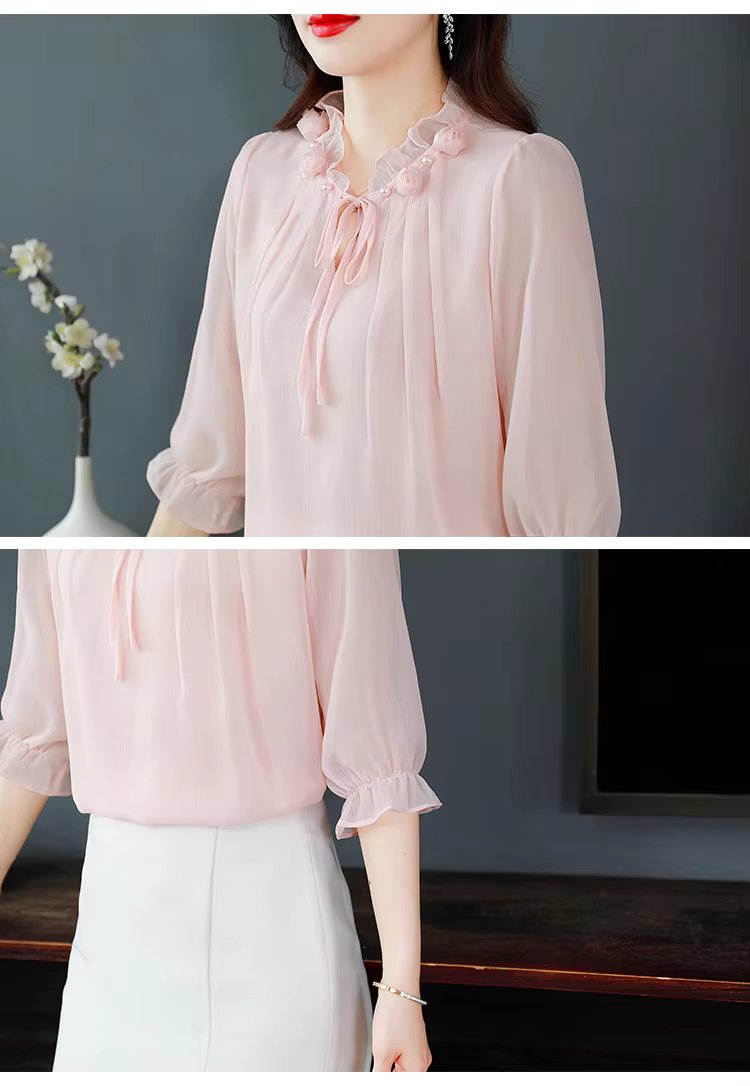 Chiffon Petal Collar Half Sleeve Bow tie Loose Casual Shirt Mssza