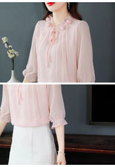 Chiffon Petal Collar Half Sleeve Bow tie Loose Casual Shirt Mssza