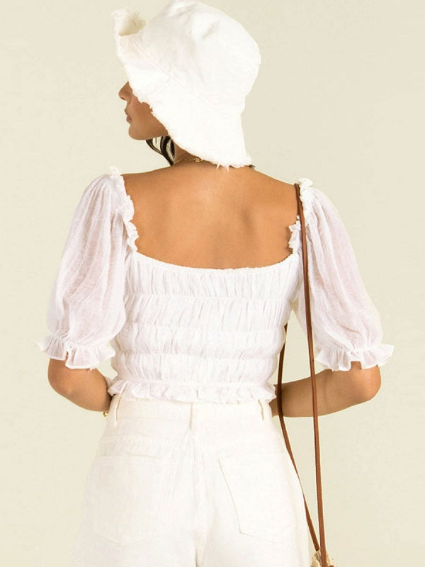 Chiffon Pleated Square Neck Short Sleeves Tops Mssza