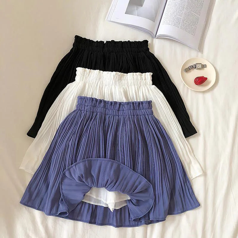 Chiffon Pleated Sweet High Waist Simple A Line Mini Skirt Mssza