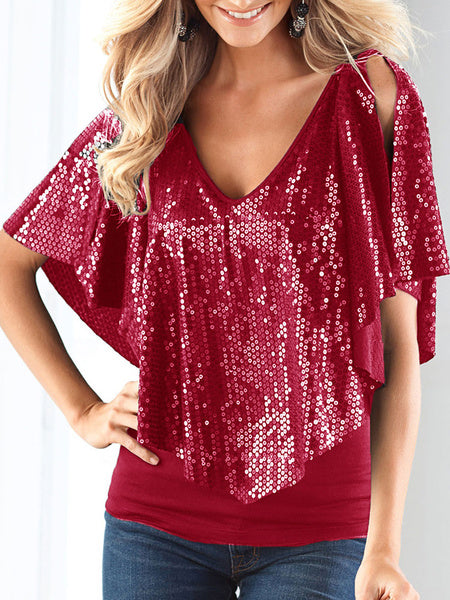 Christmas V-neck Clubwear Enticing Sequins Top Mssza