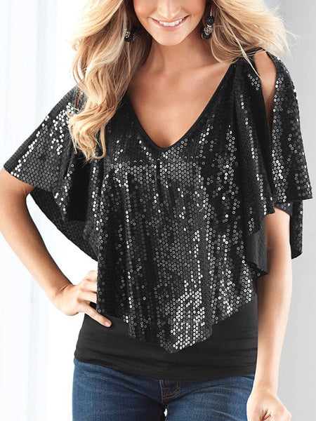 Christmas V-neck Clubwear Enticing Sequins Top Mssza