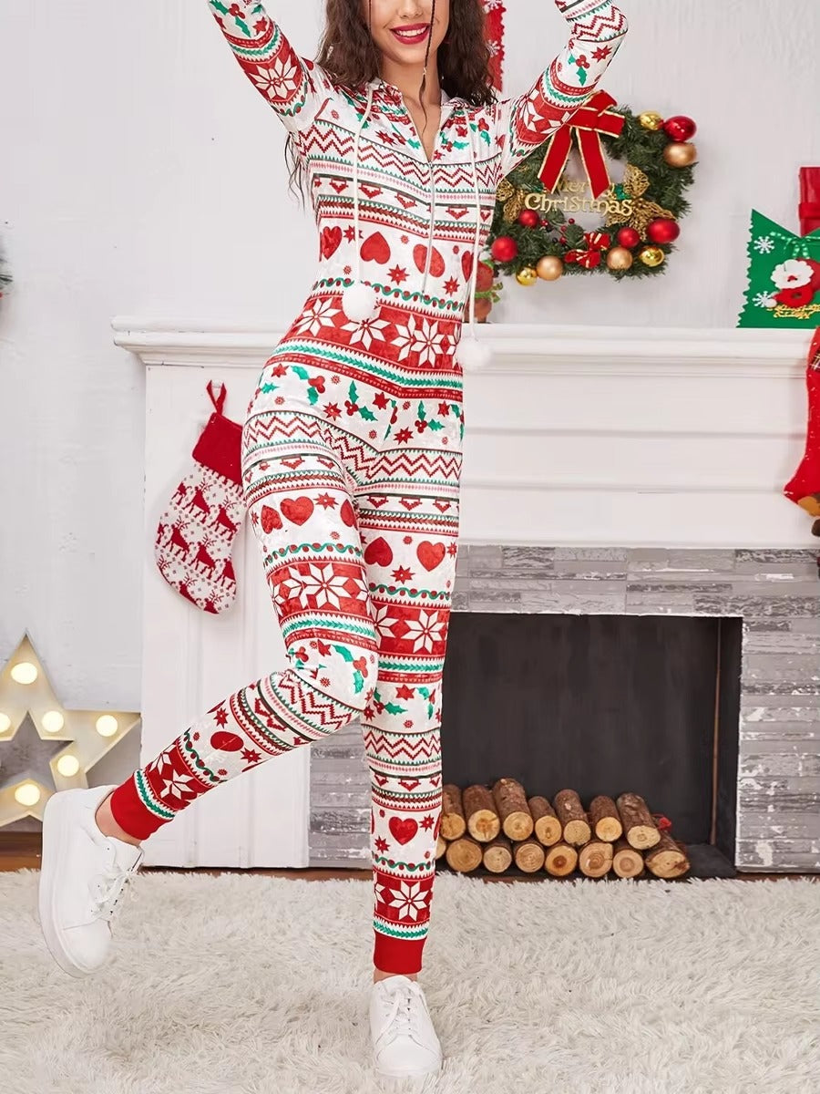 Christmas Long Sleeve Drawstring Heart Star Print Pajama Romper Jumpsuit Mssza