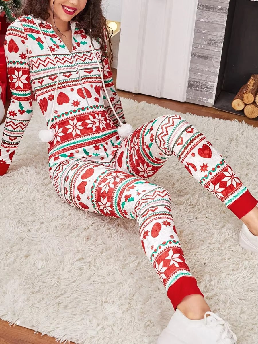 Christmas Long Sleeve Drawstring Heart Star Print Pajama Romper Jumpsuit Mssza