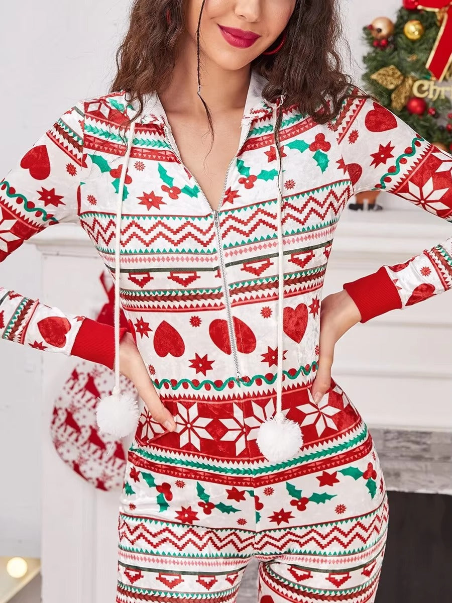 Christmas Long Sleeve Drawstring Heart Star Print Pajama Romper Jumpsuit Mssza