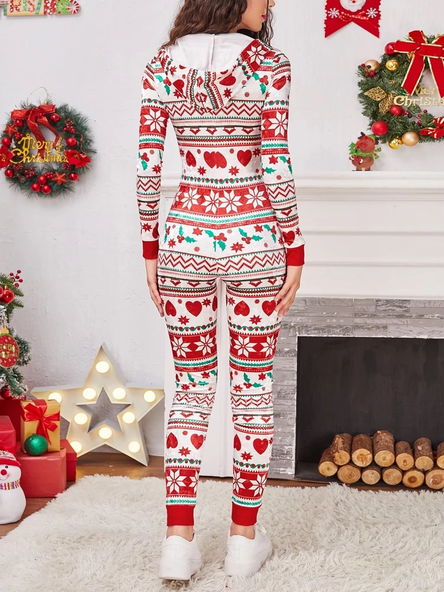 Christmas Long Sleeve Drawstring Heart Star Print Pajama Romper Jumpsuit Mssza