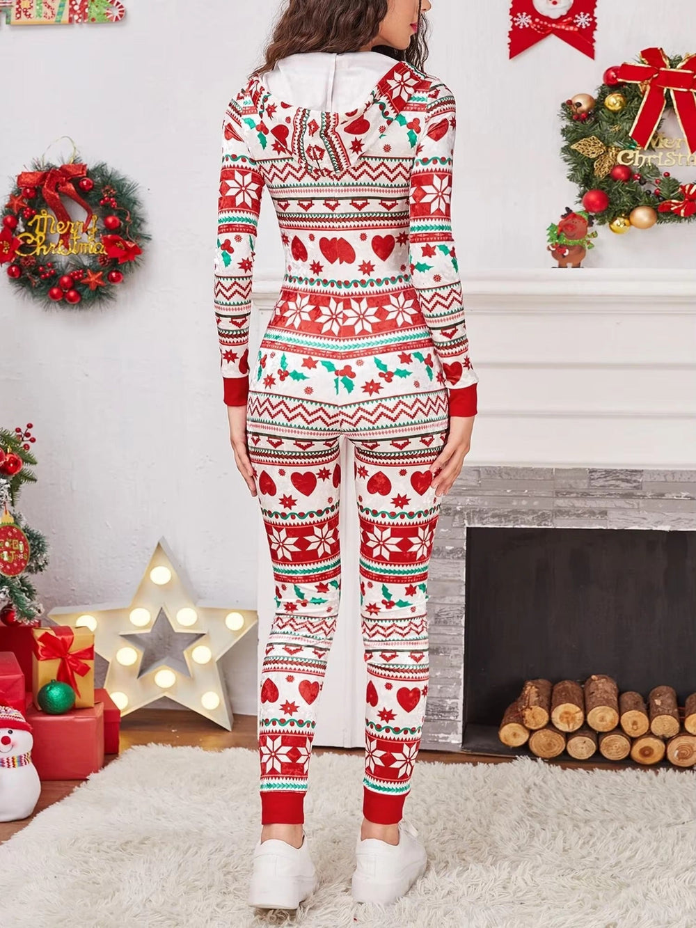 Christmas Long Sleeve Drawstring Heart Star Print Pajama Romper Jumpsuit Mssza
