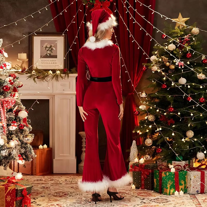 Christmas Long Sleeve Flared Santa Hat Jumpsuit Mssza