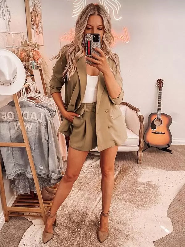 Classic Blazer Jacket Belt Short Pants Turndown Collar Two Piece Suit Set Mssza