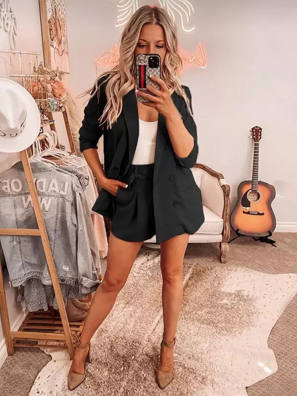 Classic Blazer Jacket Belt Short Pants Turndown Collar Two Piece Suit Set Mssza