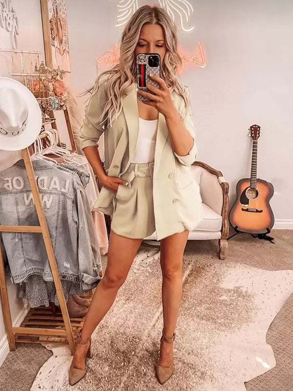 Classic Blazer Jacket Belt Short Pants Turndown Collar Two Piece Suit Set Mssza