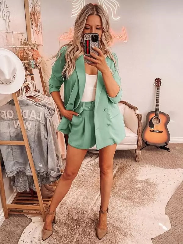 Classic Blazer Jacket Belt Short Pants Turndown Collar Two Piece Suit Set Mssza