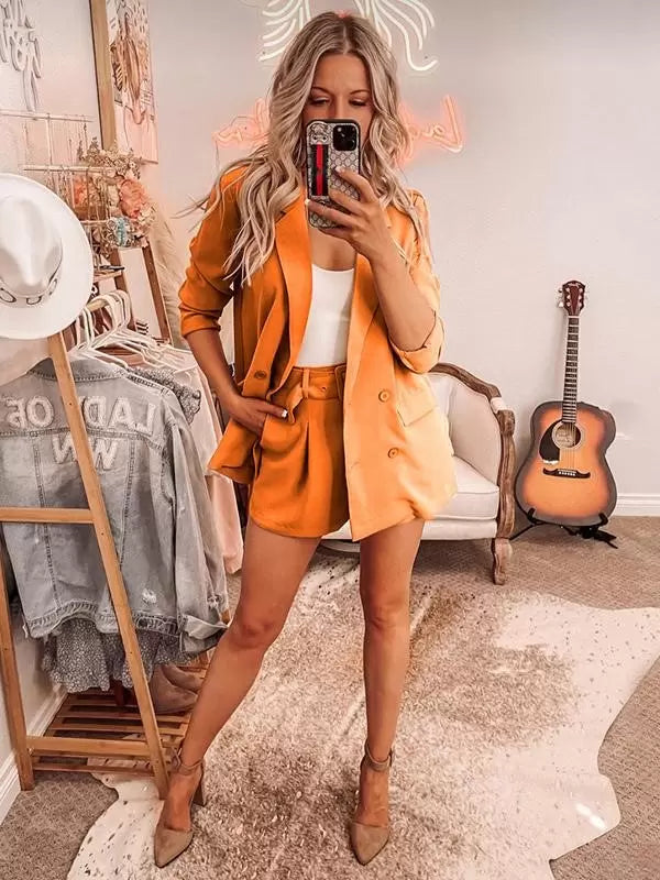 Classic Blazer Jacket Belt Short Pants Turndown Collar Two Piece Suit Set Mssza