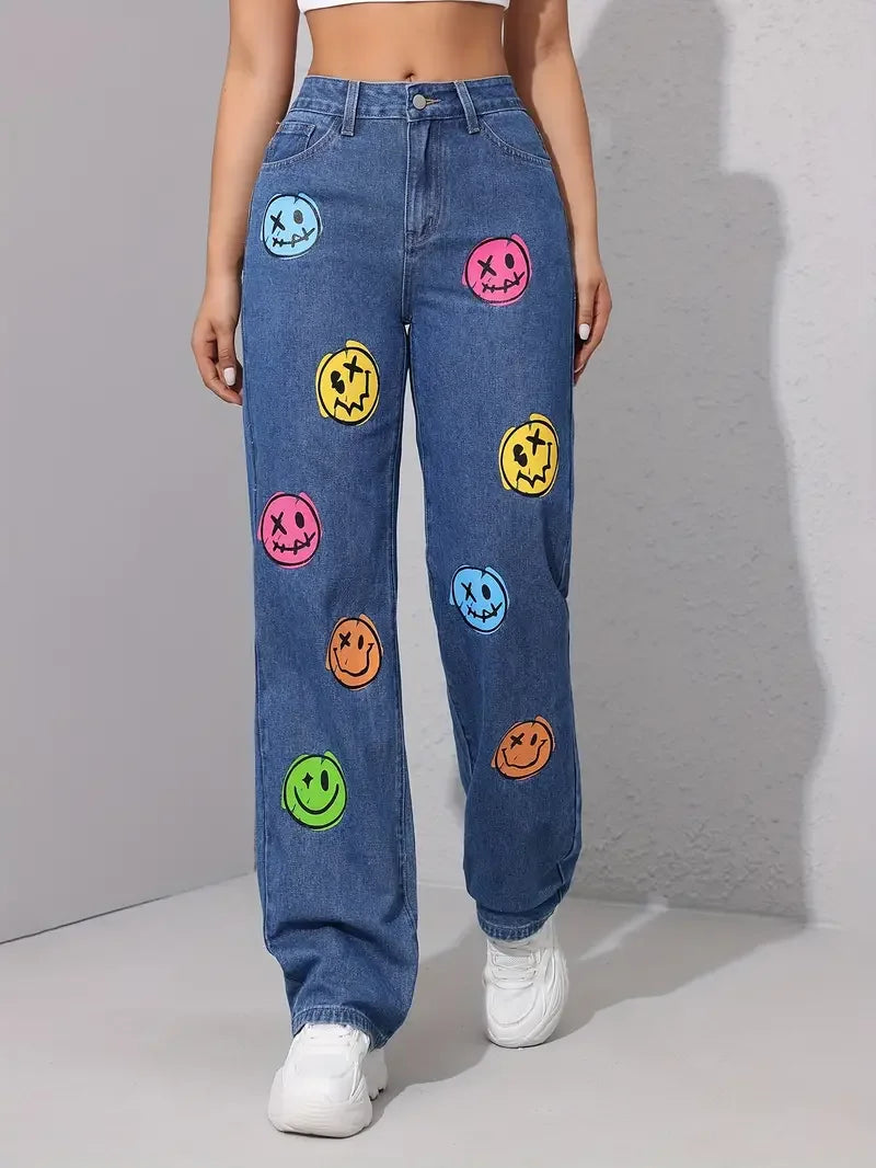 Classic Face Print Skinny Bottom High Waist Ankle-Length Stretch Jeans Mssza