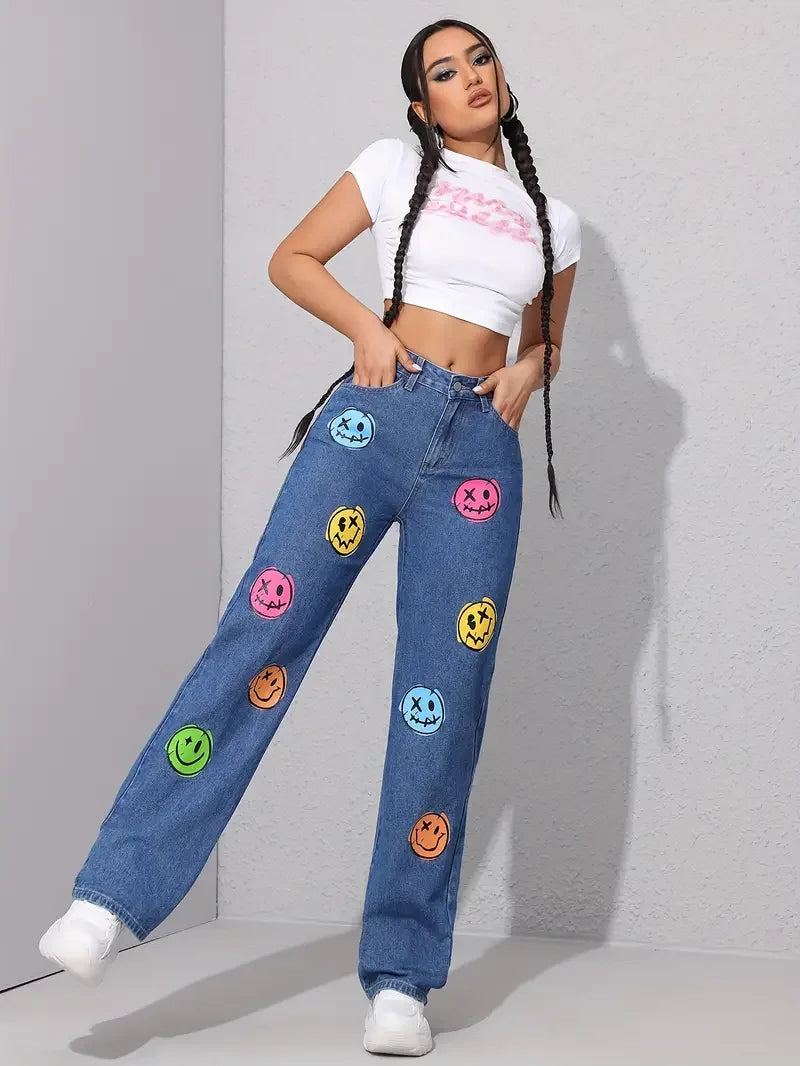 Classic Face Print Skinny Bottom High Waist Ankle-Length Stretch Jeans Mssza