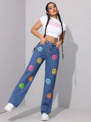 Classic Face Print Skinny Bottom High Waist Ankle-Length Stretch Jeans Mssza