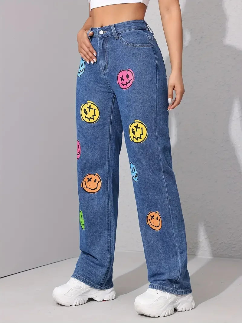 Classic Face Print Skinny Bottom High Waist Ankle-Length Stretch Jeans Mssza