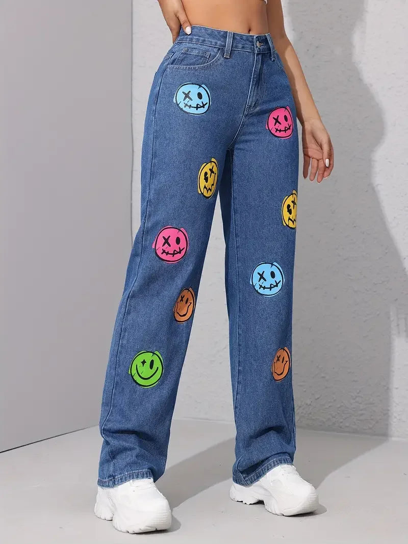 Classic Face Print Skinny Bottom High Waist Ankle-Length Stretch Jeans Mssza