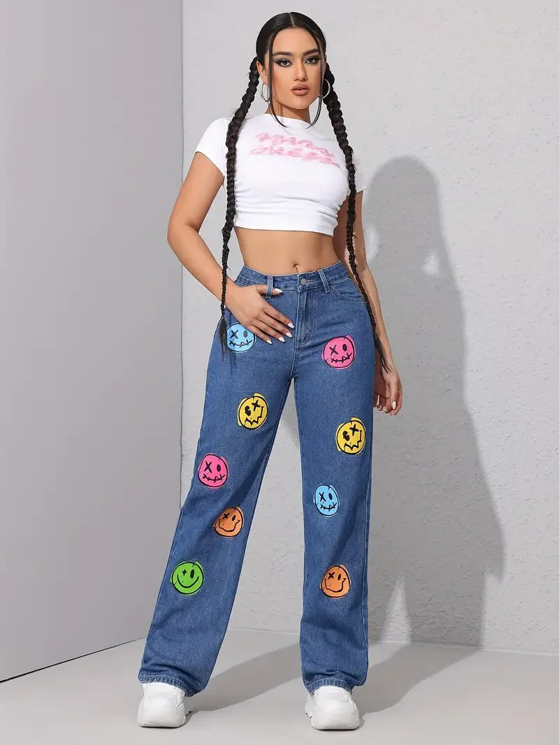 Classic Face Print Skinny Bottom High Waist Ankle-Length Stretch Jeans Mssza