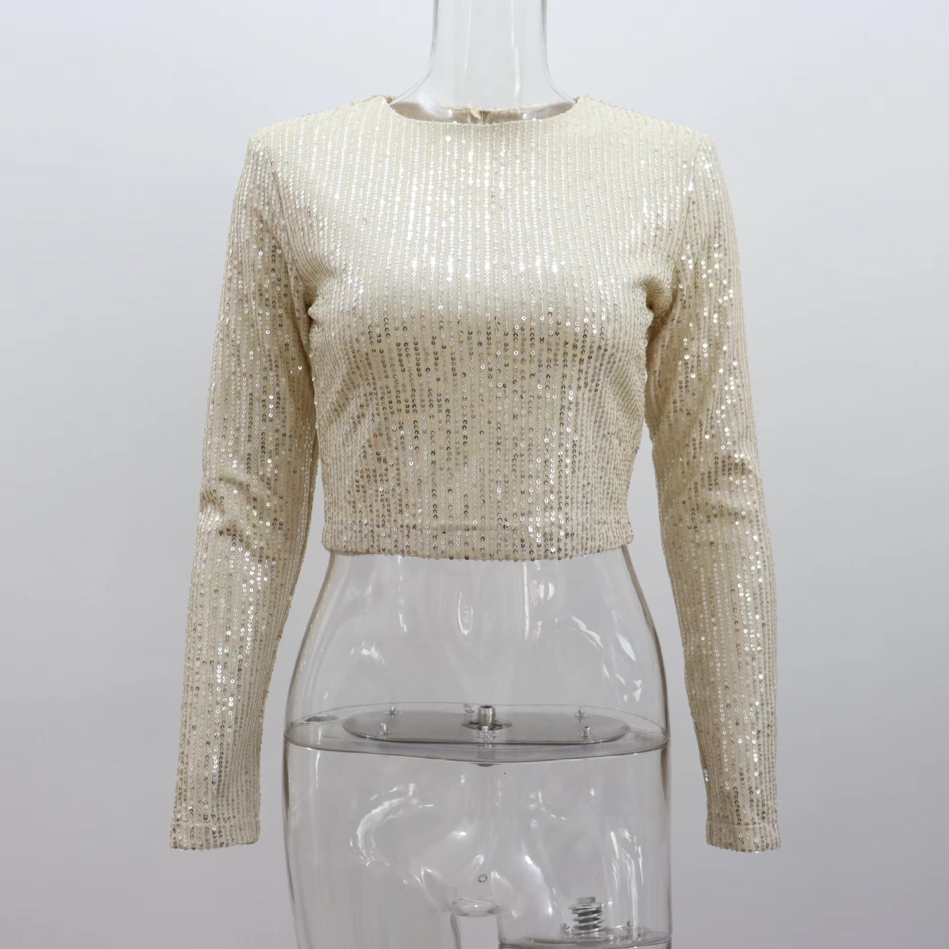 Classic Glitter Sequin Slim Long Sleeve Solid Casual Crop Top Mssza