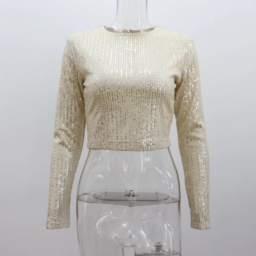 Classic Glitter Sequin Slim Long Sleeve Solid Casual Crop Top Mssza