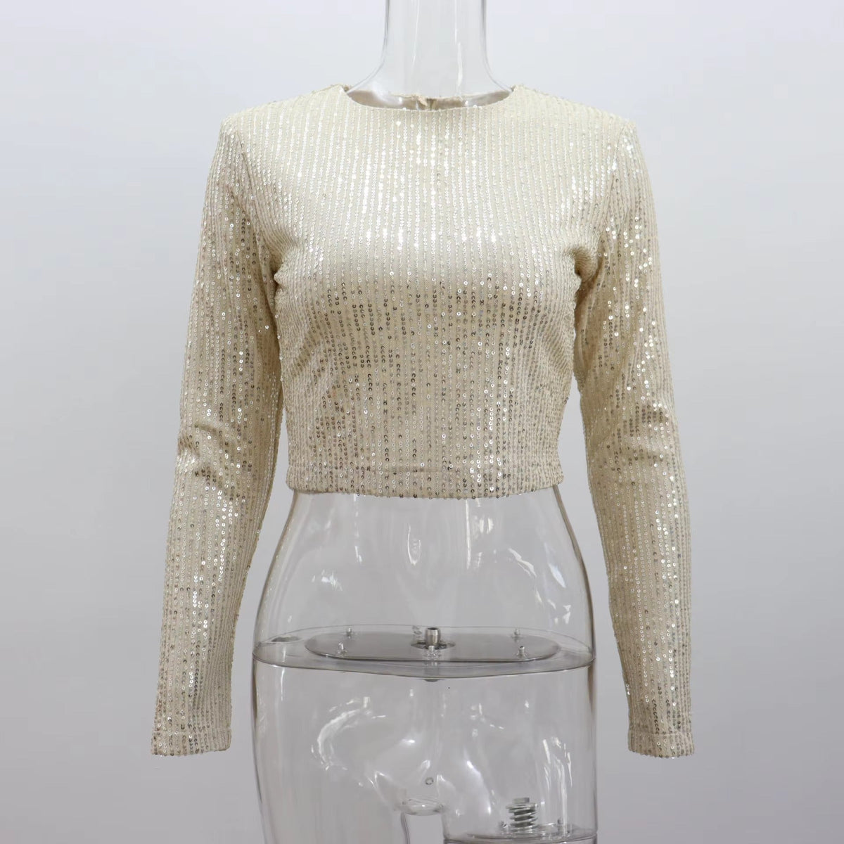 Classic Glitter Sequin Slim Long Sleeve Solid Casual Crop Top Mssza