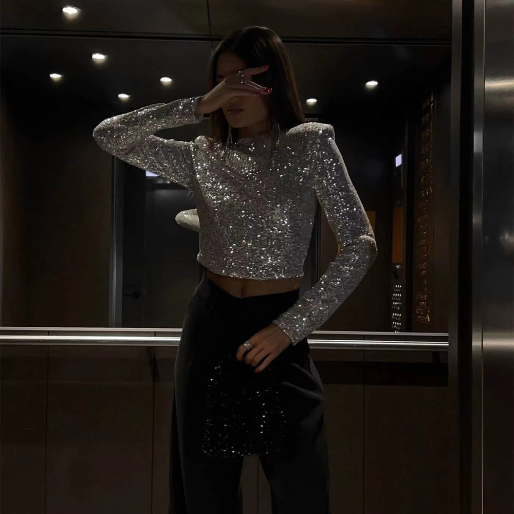 Classic Glitter Sequin Slim Long Sleeve Solid Casual Crop Top Mssza