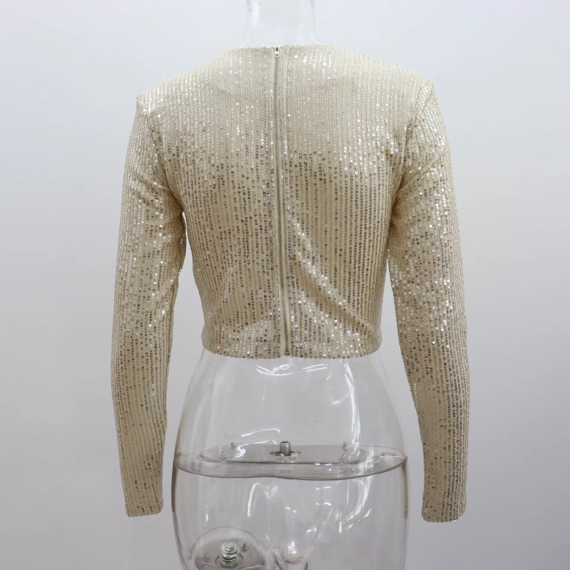 Classic Glitter Sequin Slim Long Sleeve Solid Casual Crop Top Mssza