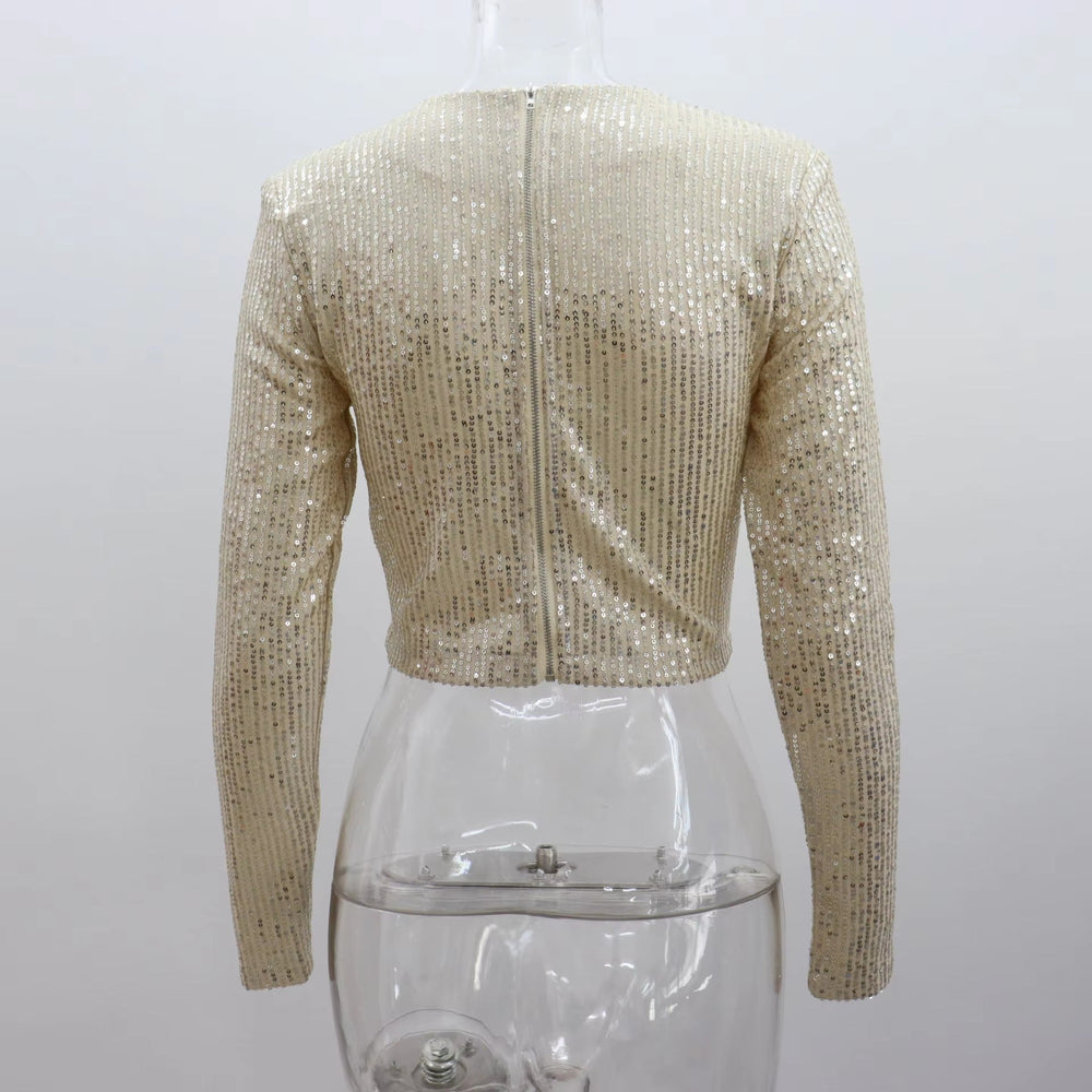Classic Glitter Sequin Slim Long Sleeve Solid Casual Crop Top Mssza