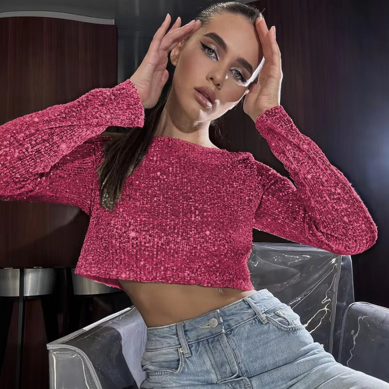 Classic Glitter Sequin Slim Long Sleeve Solid Casual Crop Top Mssza
