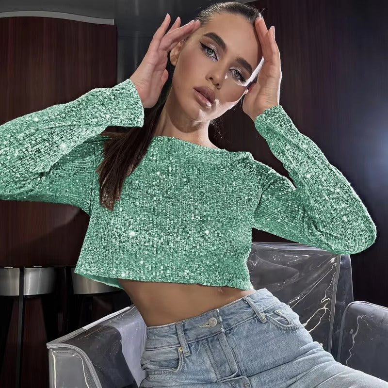 Classic Glitter Sequin Slim Long Sleeve Solid Casual Crop Top Mssza