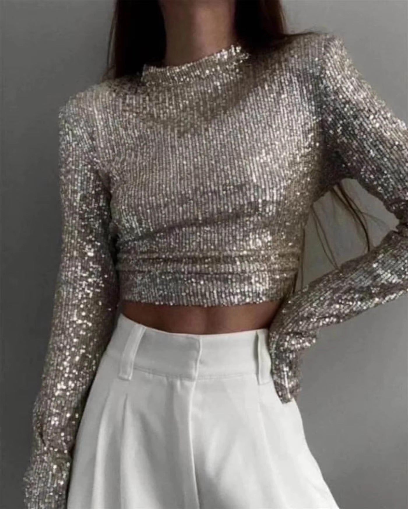 Classic Glitter Sequin Slim Long Sleeve Solid Casual Crop Top Mssza