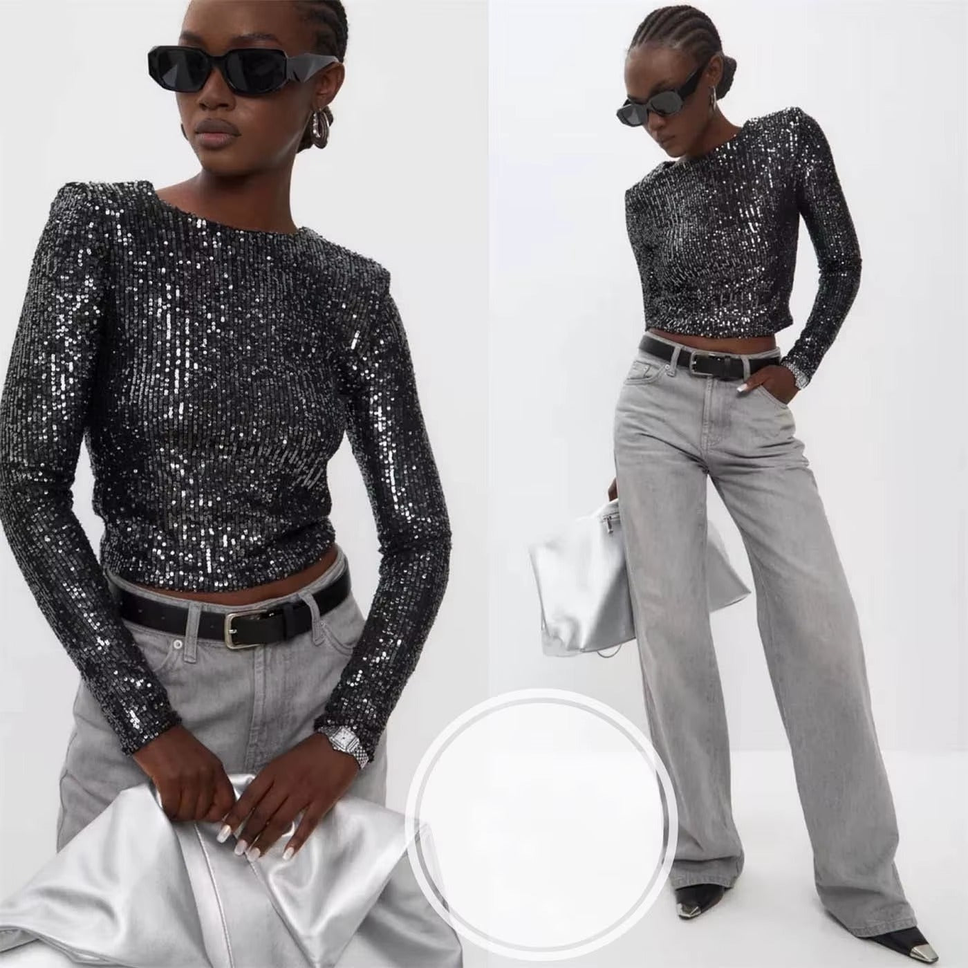 Classic Glitter Sequin Slim Long Sleeve Solid Casual Crop Top Mssza