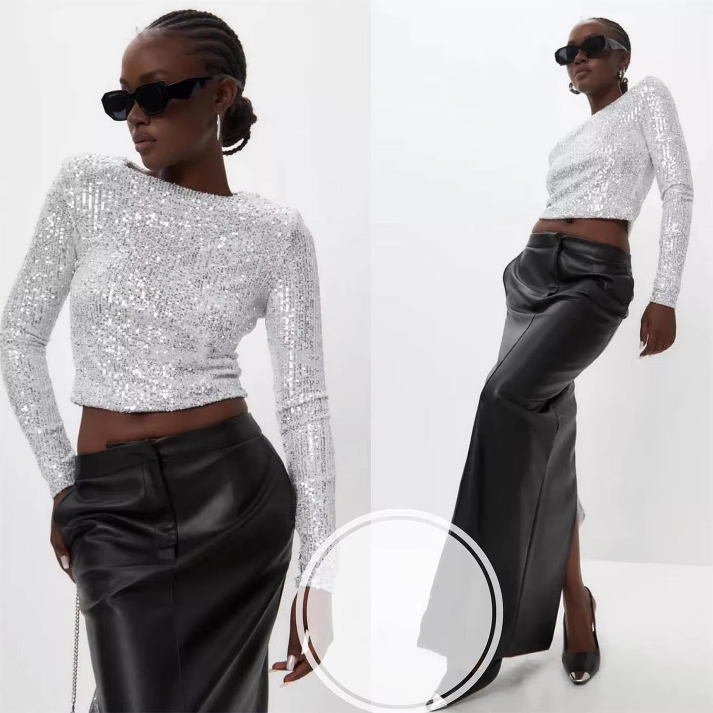 Classic Glitter Sequin Slim Long Sleeve Solid Casual Crop Top Mssza
