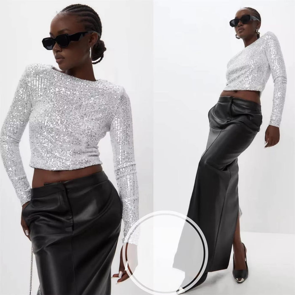 Classic Glitter Sequin Slim Long Sleeve Solid Casual Crop Top Mssza