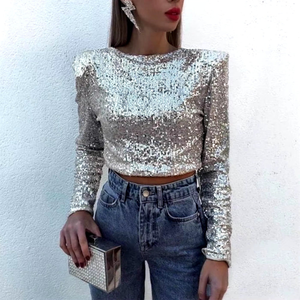Classic Glitter Sequin Slim Long Sleeve Solid Casual Crop Top Mssza