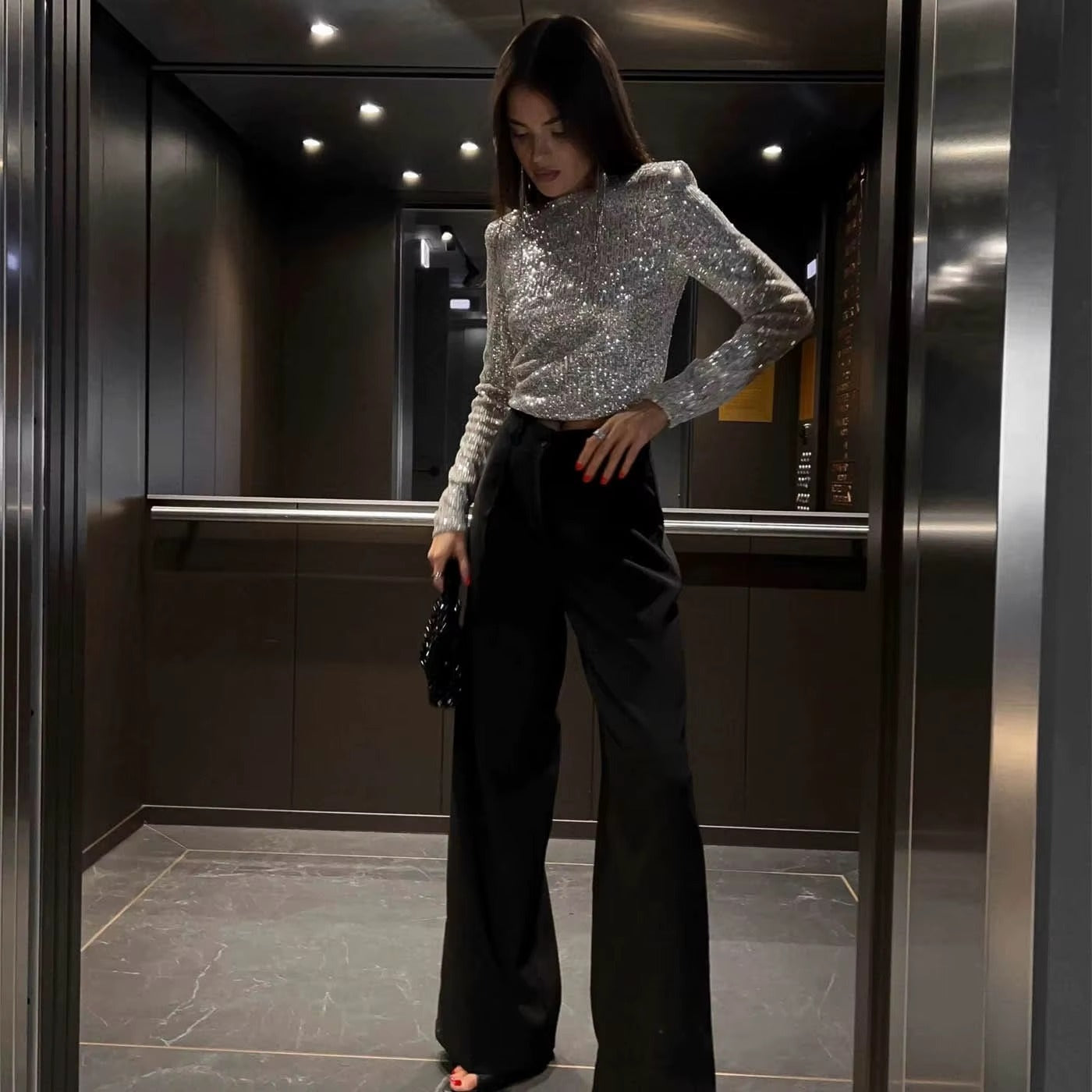 Classic Glitter Sequin Slim Long Sleeve Solid Casual Crop Top Mssza