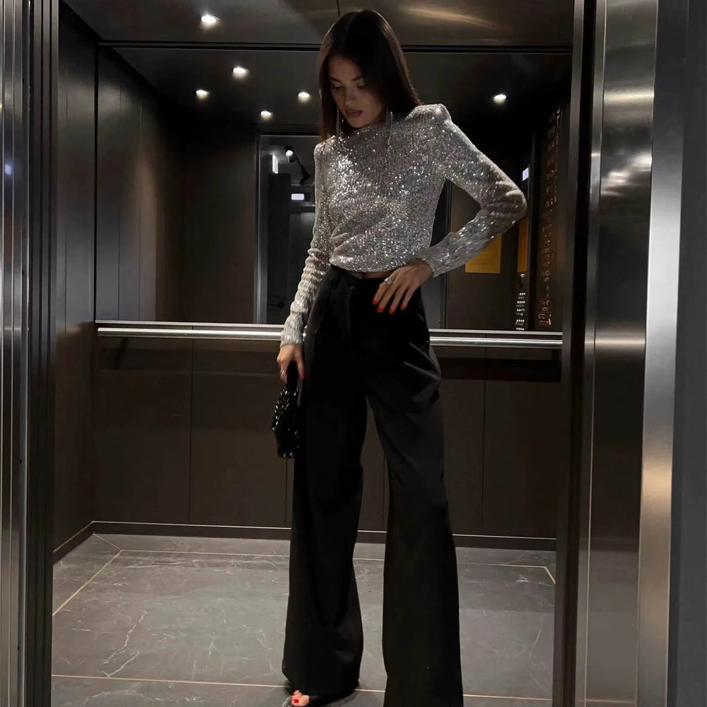 Classic Glitter Sequin Slim Long Sleeve Solid Casual Crop Top Mssza