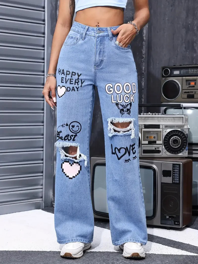 Classic High Waist Button Up Butterfly Print Ripped Straight Jeans Mssza