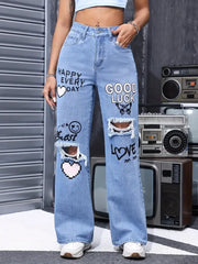 Classic High Waist Button Up Butterfly Print Ripped Straight Jeans Mssza