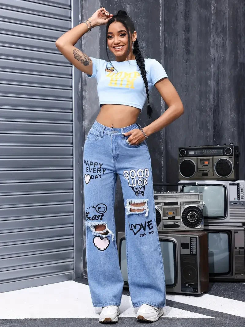 Classic High Waist Button Up Butterfly Print Ripped Straight Jeans Mssza