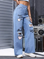 Classic High Waist Button Up Butterfly Print Ripped Straight Jeans Mssza