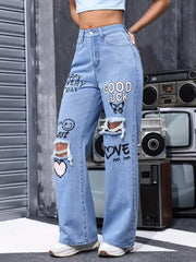 Classic High Waist Button Up Butterfly Print Ripped Straight Jeans Mssza